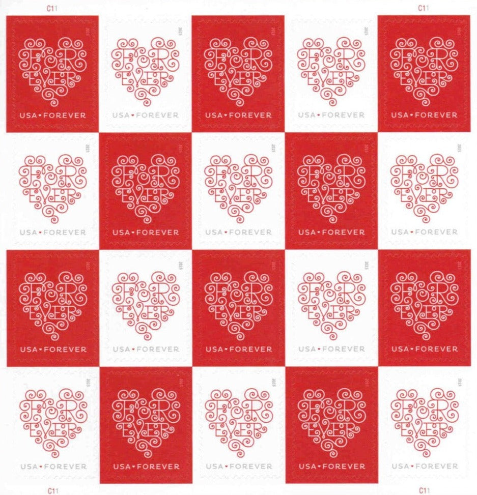Red and White Hearts Forever Postage Stamps