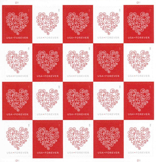 Red and White Hearts Forever Postage Stamps